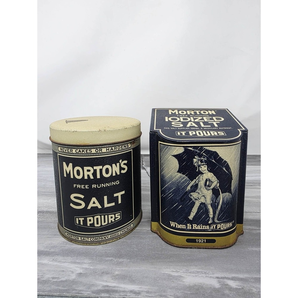 2 Vintage MORTON SALT When It Rains It Pours Metal Tin Canister Can Bristol Ware